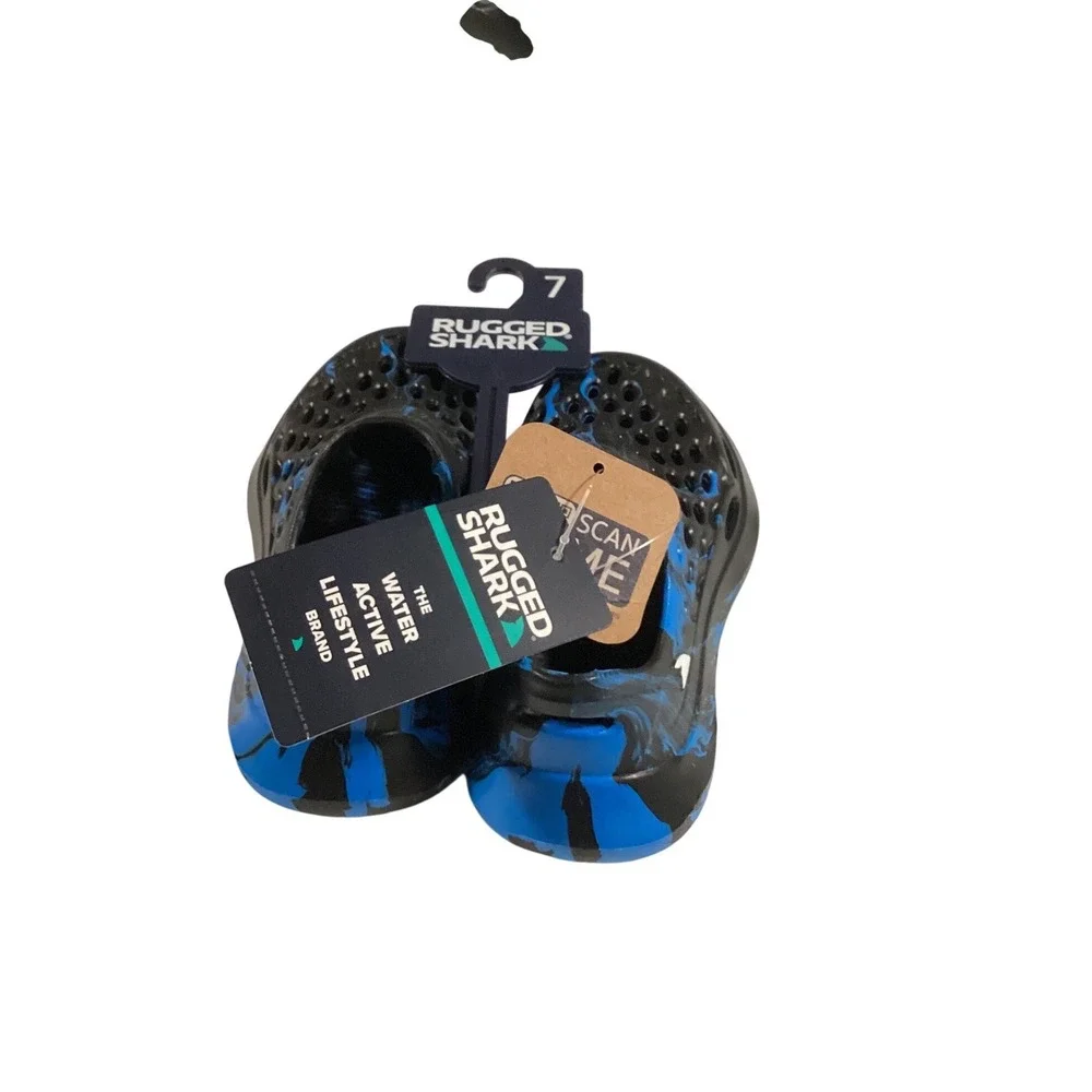 Rugged‎ Shark Kids Water Shoes Black Blue Marble Swirl Slip On EVA Clogs Size 7